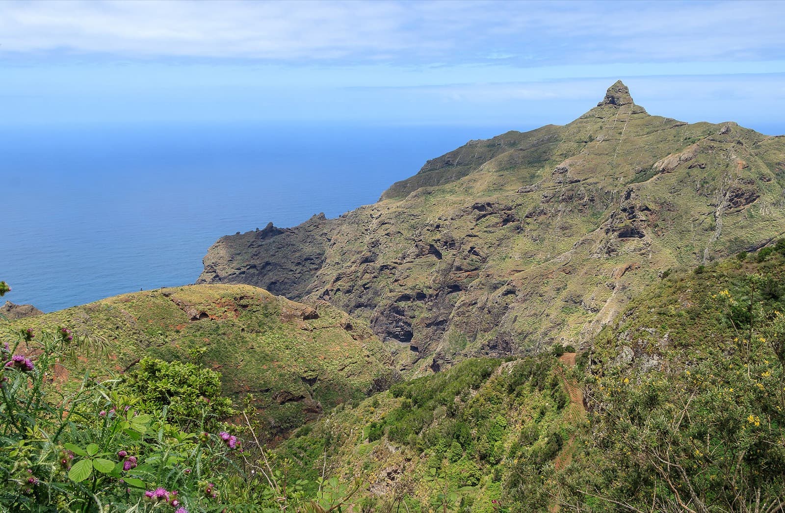 Acantilados verdes del macizo de Anaga en la costa norte de Tenerife