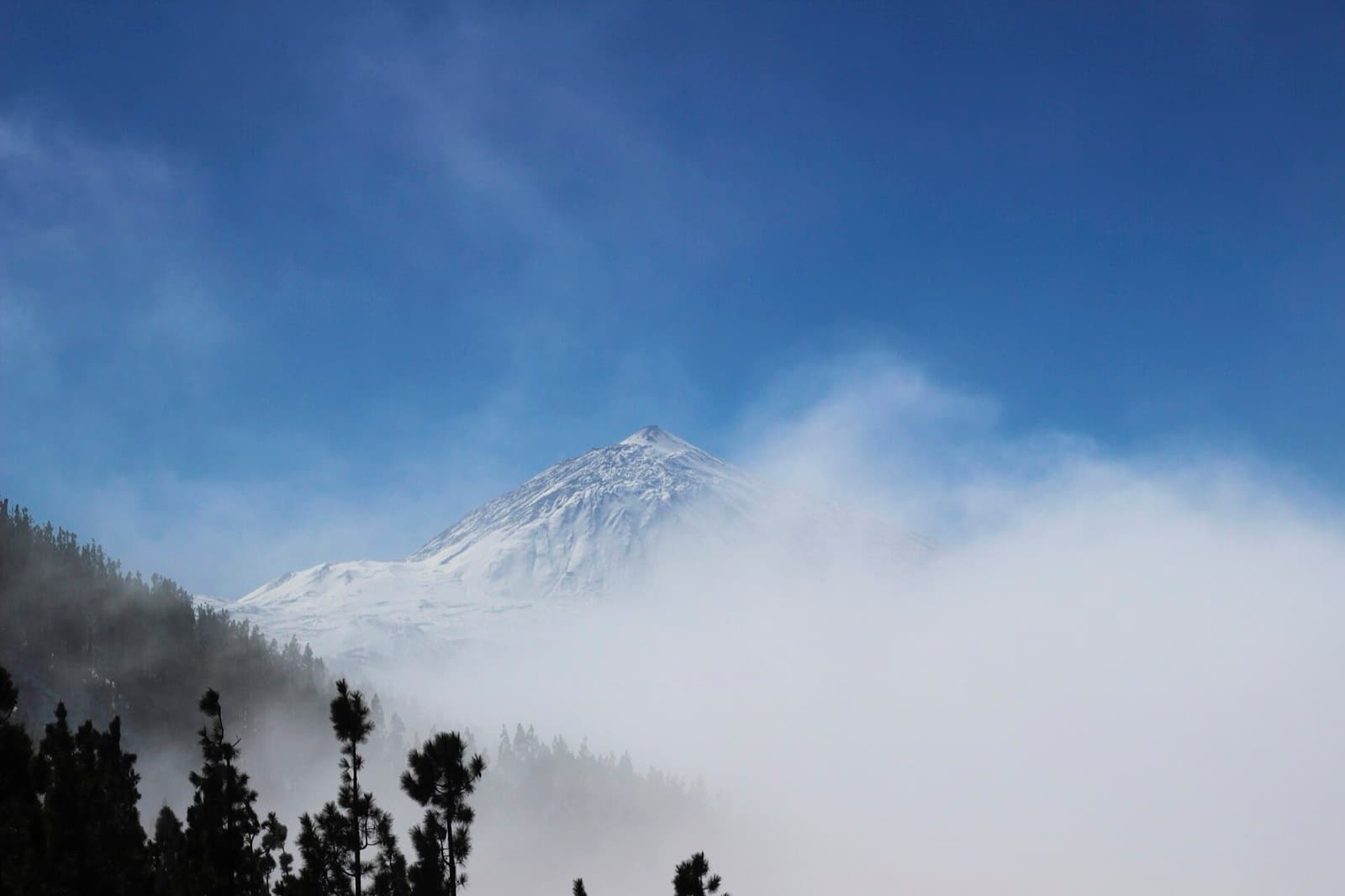 Snow-capped Mount Teide rising above the clouds in winter, Tenerife